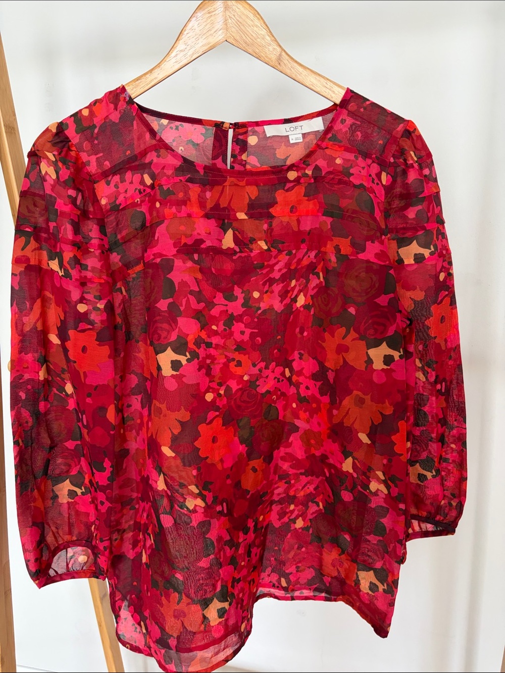 LOFT Red and Pink Floral Sheer Blouse